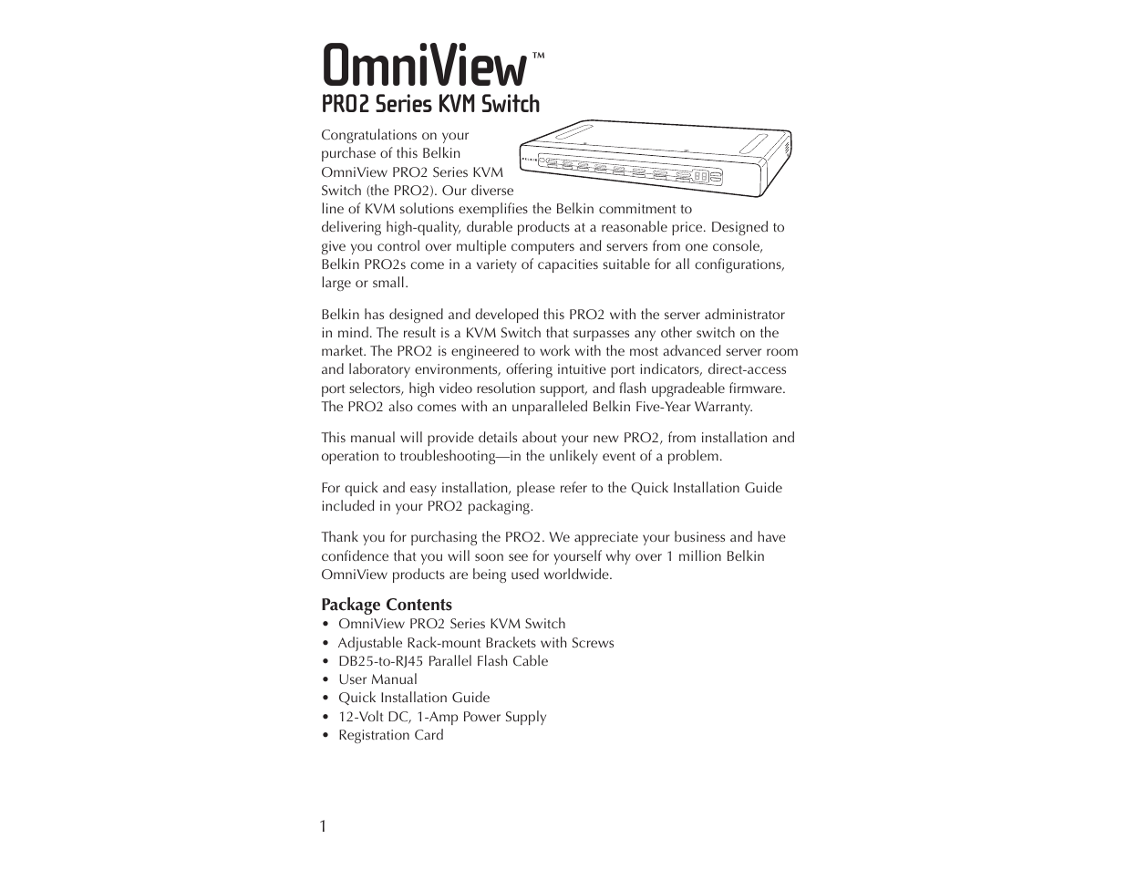 Omniview, Pro2 series kvm switch | Belkin F1DA104T User Manual | Page 3 / 37