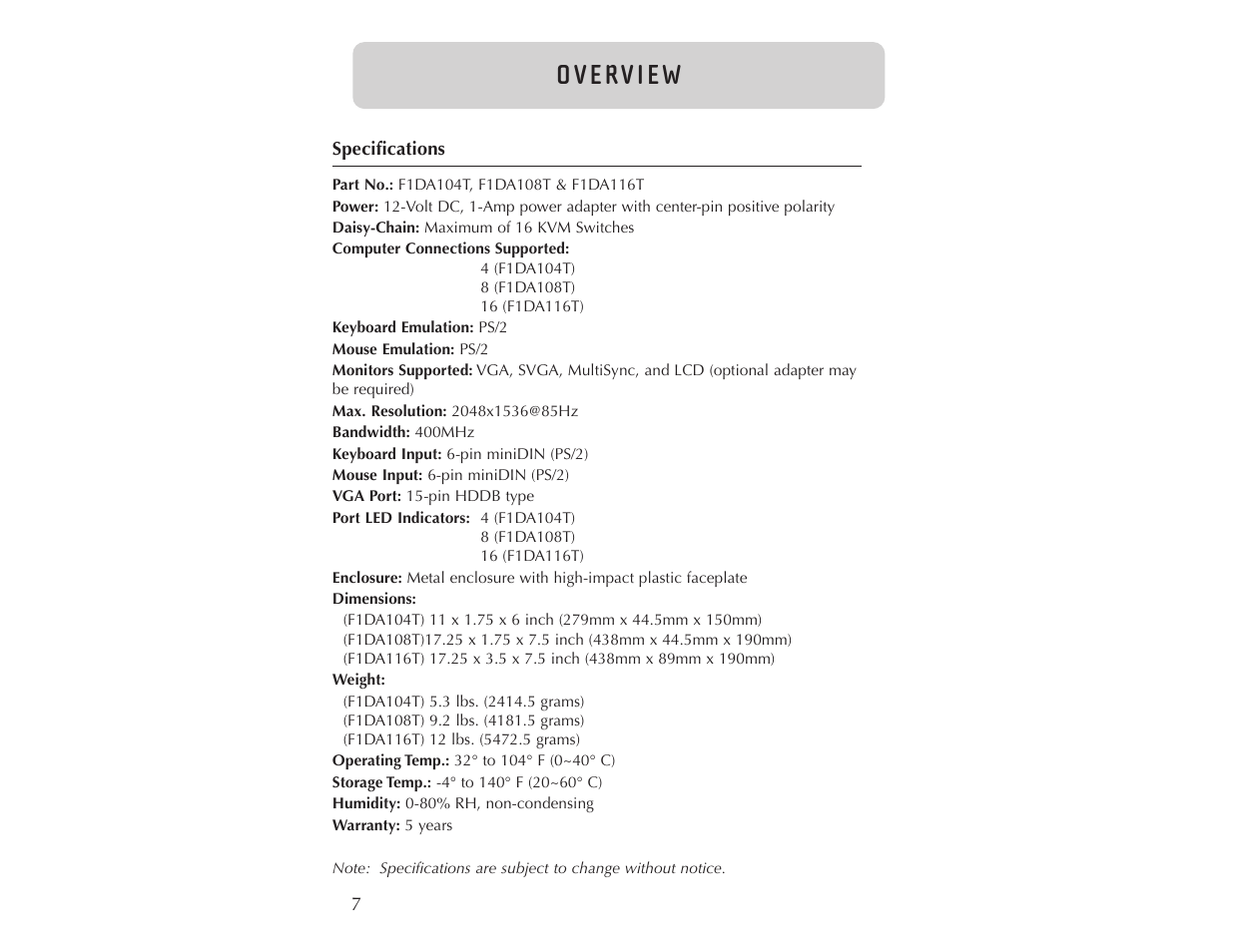 O v e rv i e w | Belkin F1DA104T User Manual | Page 9 / 37