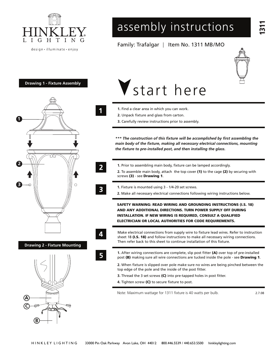 Hinkley Lighting TRAFALGAR 1311 User Manual | 2 pages