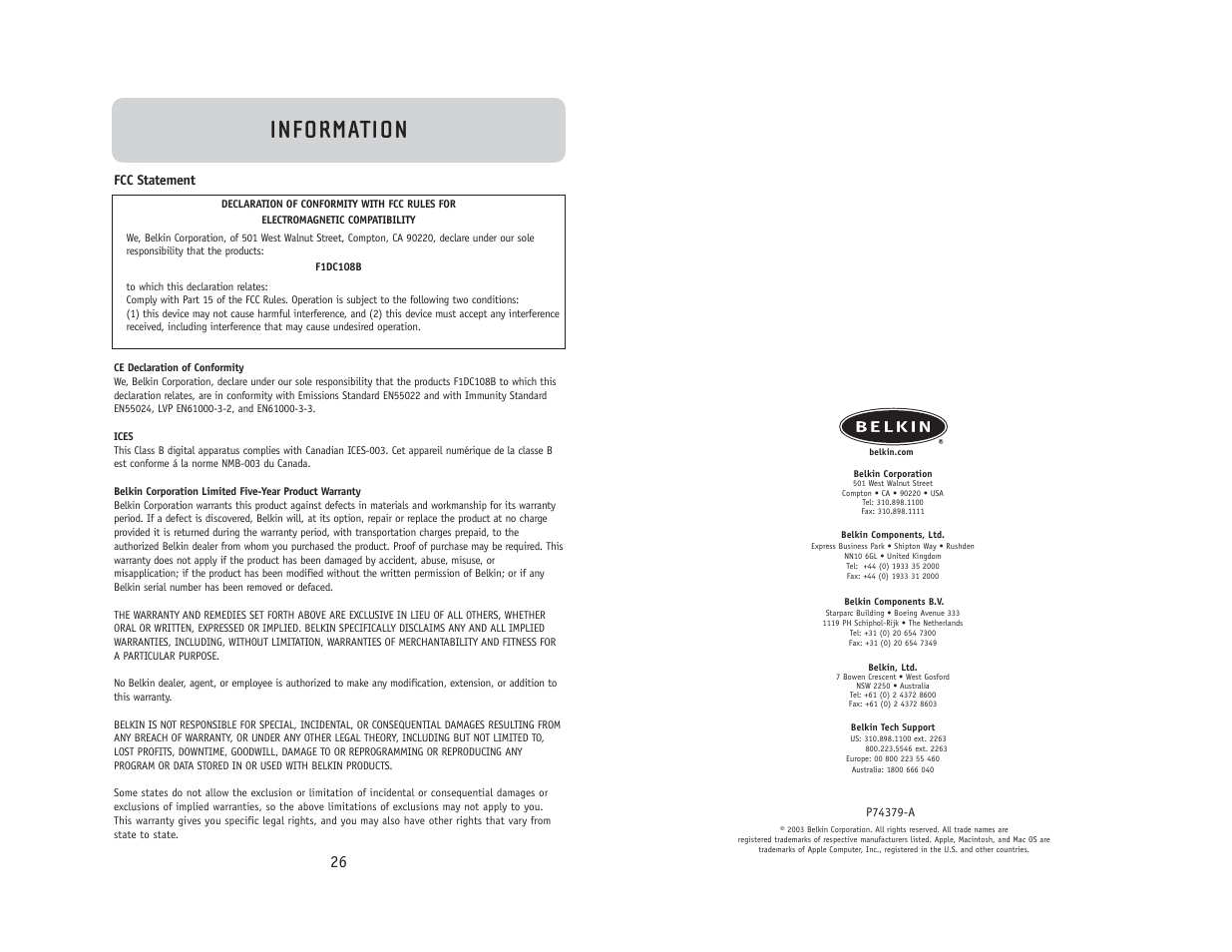 Information | Belkin F1DC108B User Manual | Page 15 / 15