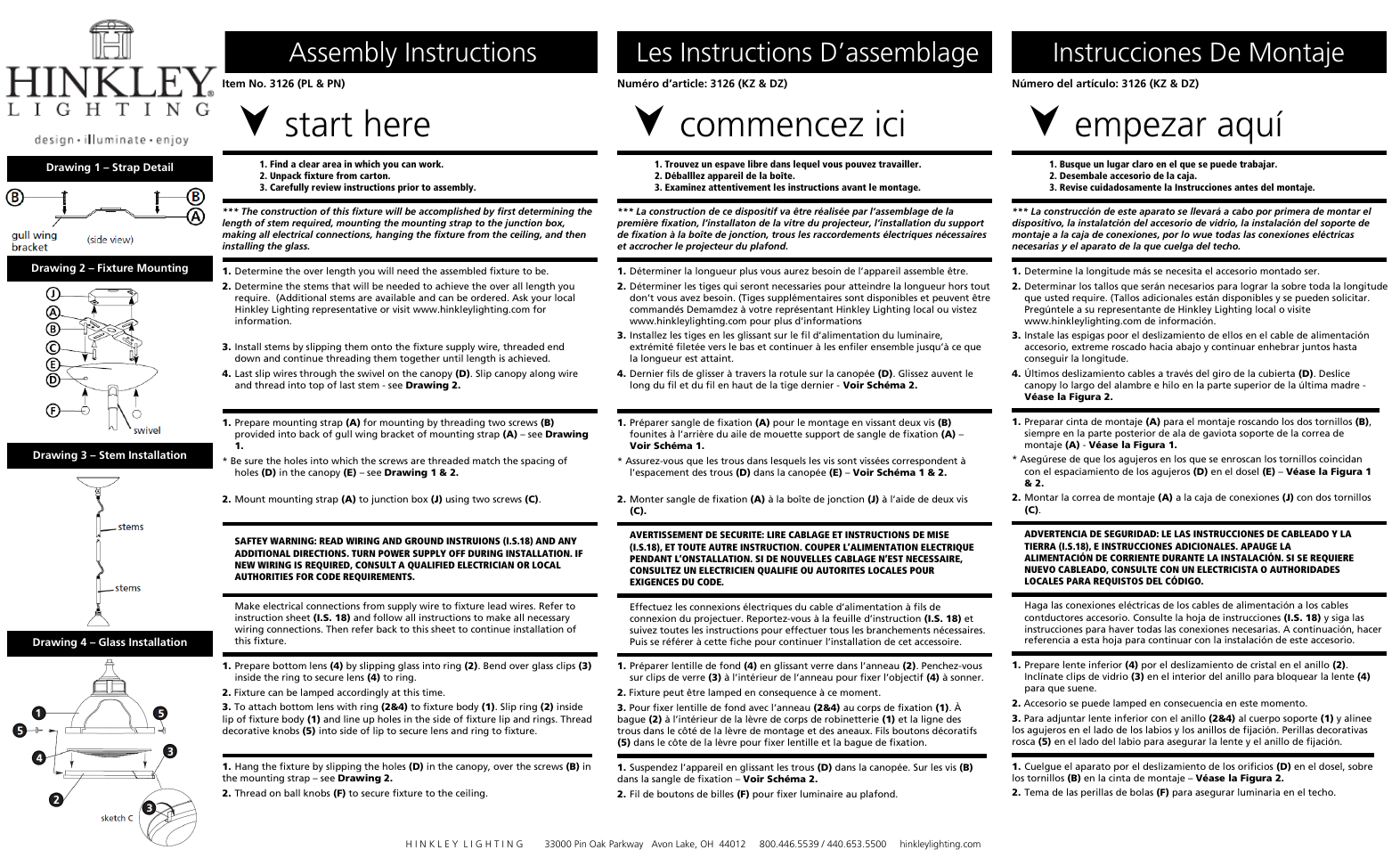 Start here, Commencez ici, Empezar aquí | Assembly instructions, Les instructions d’assemblage, Instrucciones de montaje | Hinkley Lighting AMELIA 3126 User Manual | Page 2 / 3