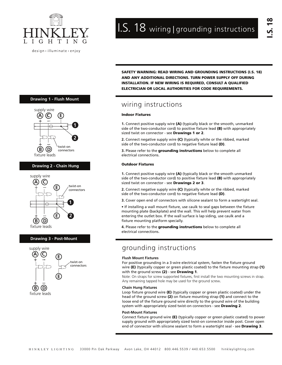 I.s. 18, I.s . 18, Wiring grounding instructions | Wiring instructions, Grounding instructions | Hinkley Lighting BRANTLEY 4632BN User Manual | Page 2 / 2