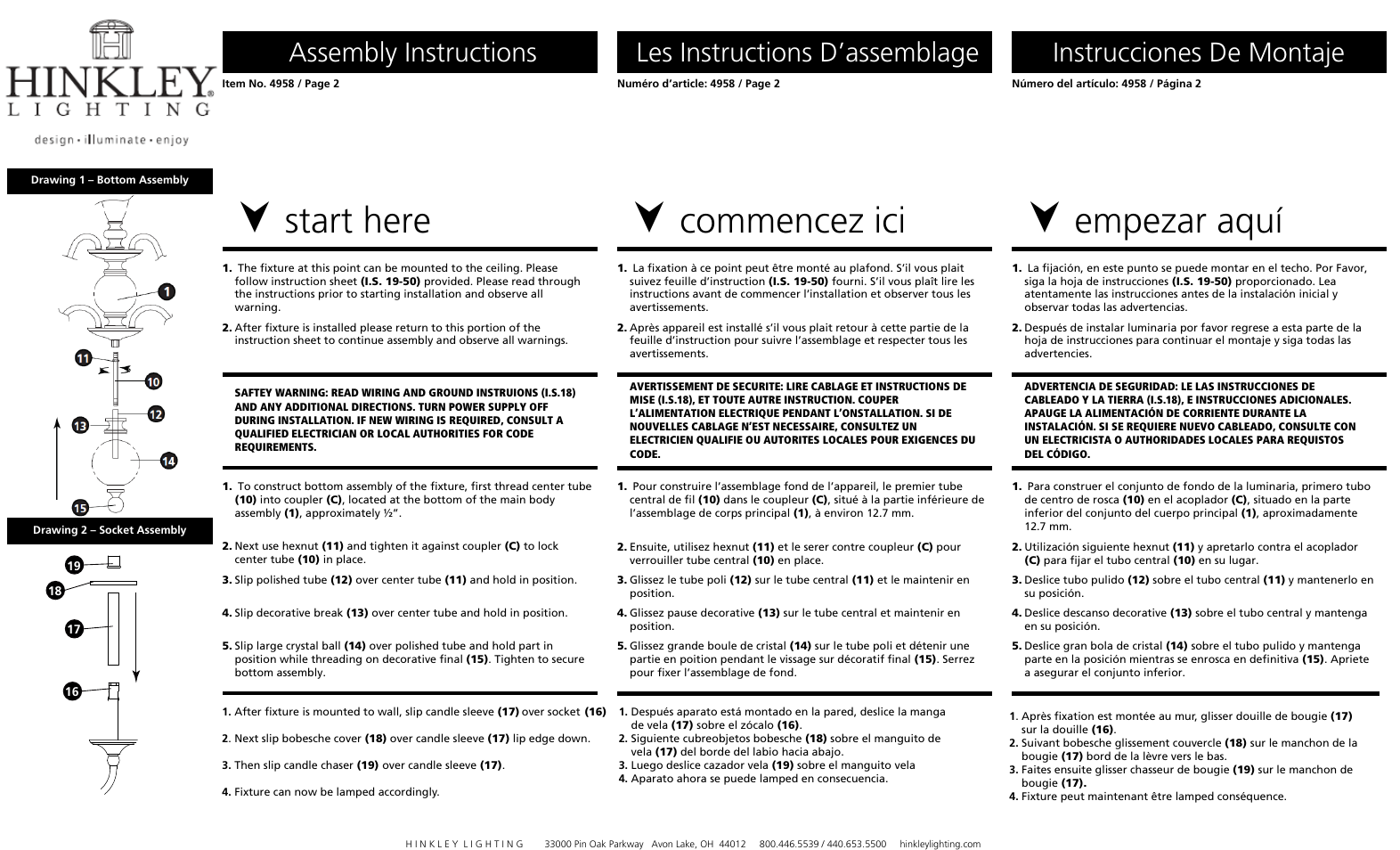 Start here, Commencez ici, Empezar aquí | Assembly instructions, Les instructions d’assemblage, Instrucciones de montaje | Hinkley Lighting ELEANOR 4958PL User Manual | Page 2 / 5