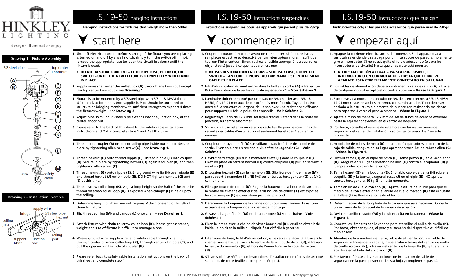 Start here, Commencez ici, Empezar aquí | I.s.19-50, Hanging instructions, Instructions suspendues, Instrucciones que cuelgan | Hinkley Lighting ELEANOR 4958PL User Manual | Page 3 / 5