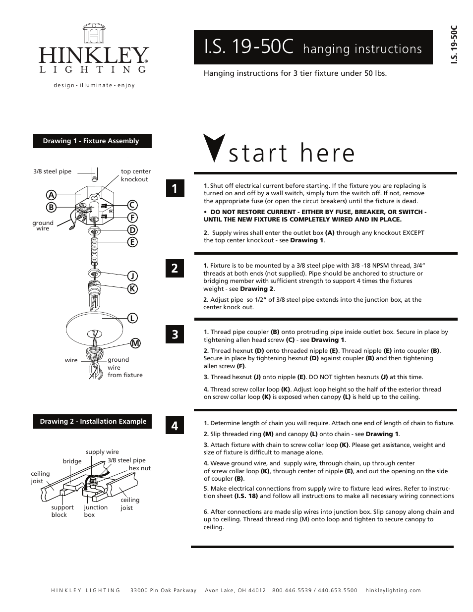 Start here, I.s. 19-50c, Hanging instructions | Hinkley Lighting MERIDIAN 3878SK User Manual | Page 2 / 3