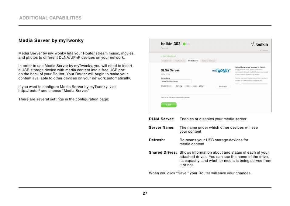 Additional capabilities media server by mytwonky | Belkin N600 DB User Manual | Page 29 / 59