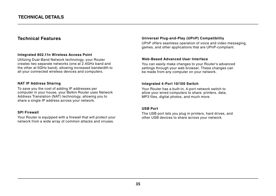 Technical details technical features | Belkin N600 DB User Manual | Page 37 / 59