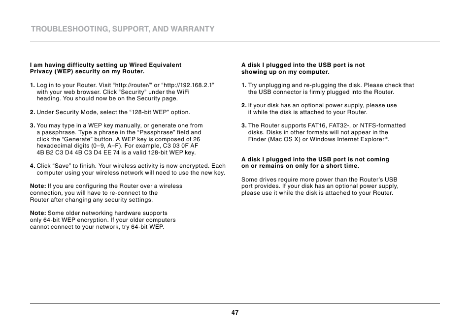 Troubleshooting, support, and warranty | Belkin N600 DB User Manual | Page 49 / 59