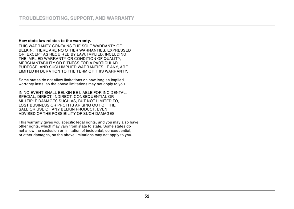 Troubleshooting, support, and warranty | Belkin N600 DB User Manual | Page 54 / 59