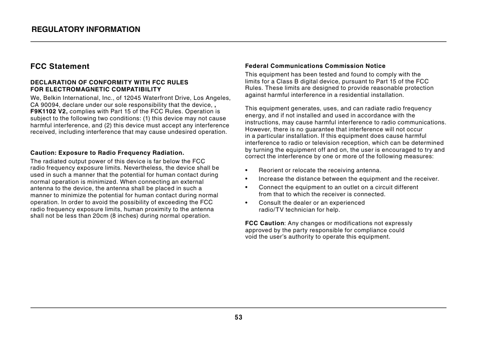 Regulatory information fcc statement | Belkin N600 DB User Manual | Page 55 / 59