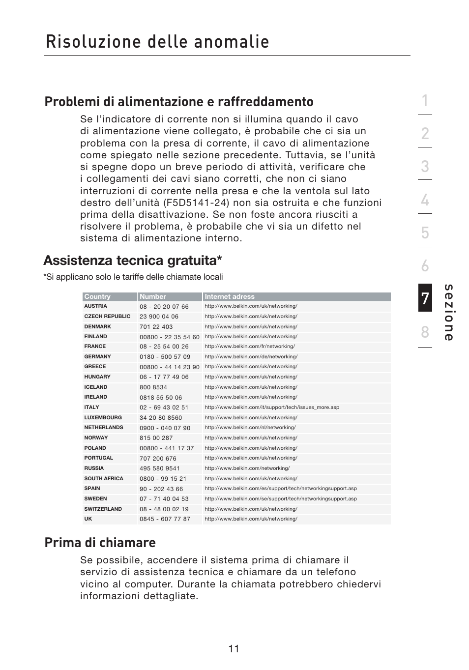 Risoluzione delle anomalie, Se zi o n e, Problemi di alimentazione e raffreddamento | Prima di chiamare, Assistenza tecnica gratuita | Belkin Gibagbit Switch F5D5141uk16 User Manual | Page 108 / 266