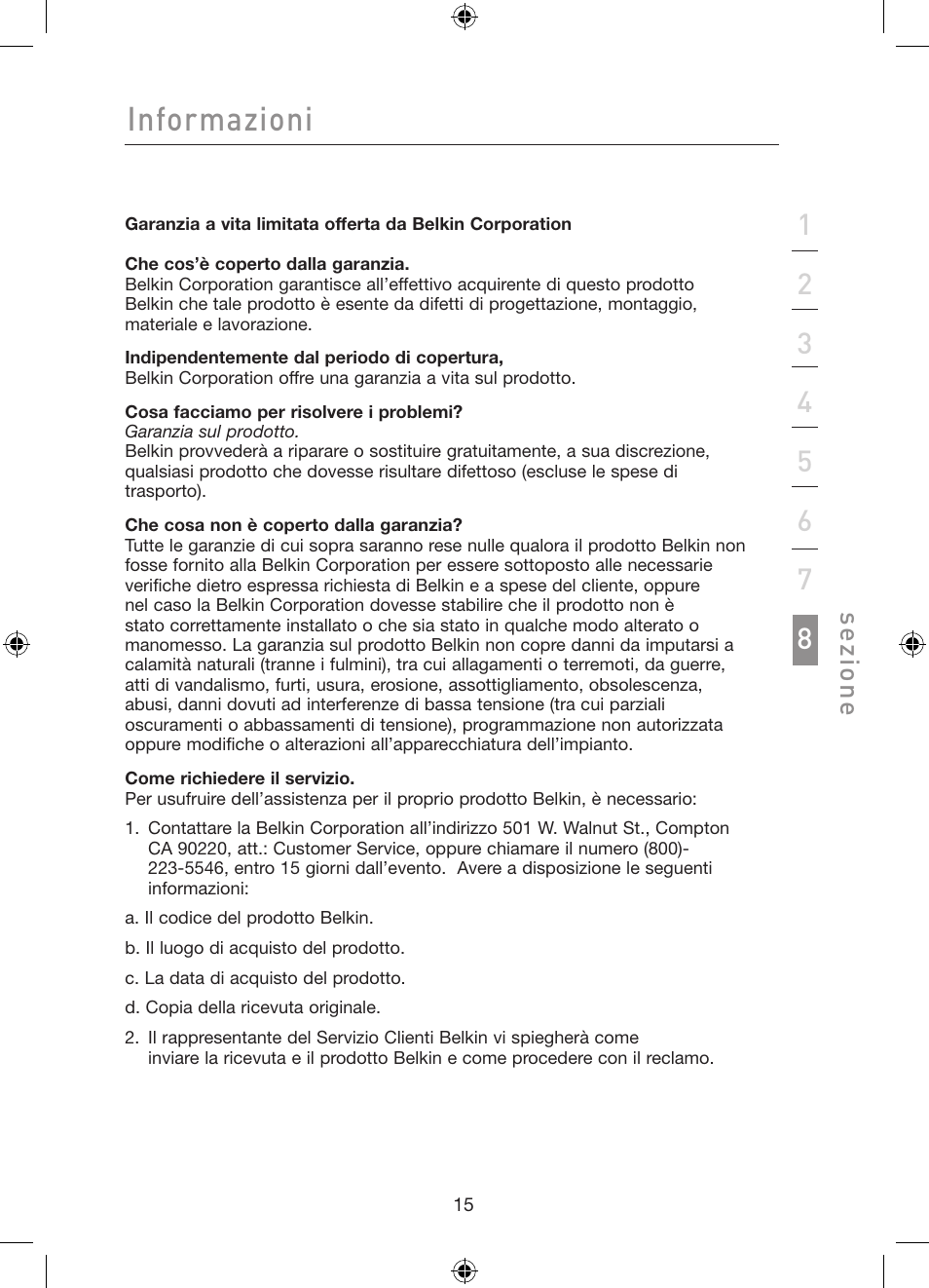 Informazioni, Se zi o n e | Belkin Gibagbit Switch F5D5141uk16 User Manual | Page 112 / 266