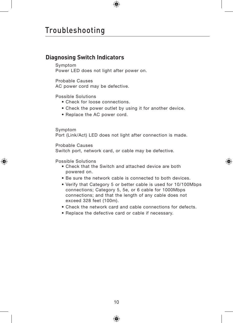 Troubleshooting, Diagnosing switch indicators | Belkin Gibagbit Switch F5D5141uk16 User Manual | Page 12 / 266