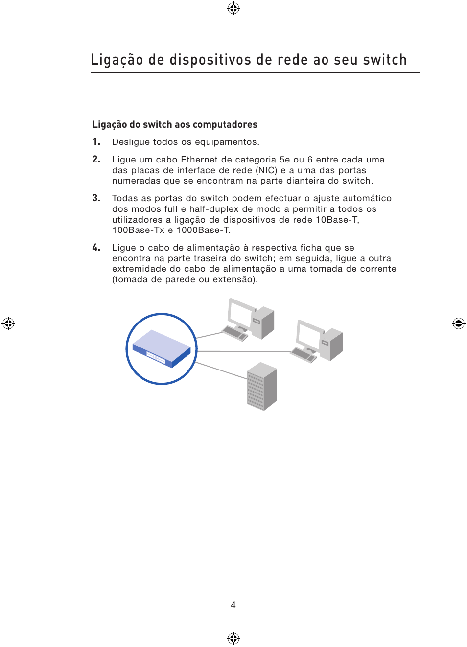 Ligação de dispositivos de rede ao seu switch | Belkin Gibagbit Switch F5D5141uk16 User Manual | Page 120 / 266