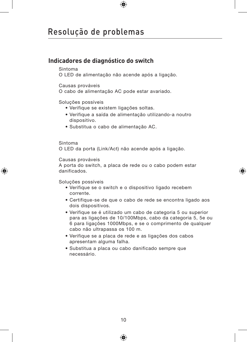 Resolução de problemas, Indicadores de diagnóstico do switch | Belkin Gibagbit Switch F5D5141uk16 User Manual | Page 126 / 266