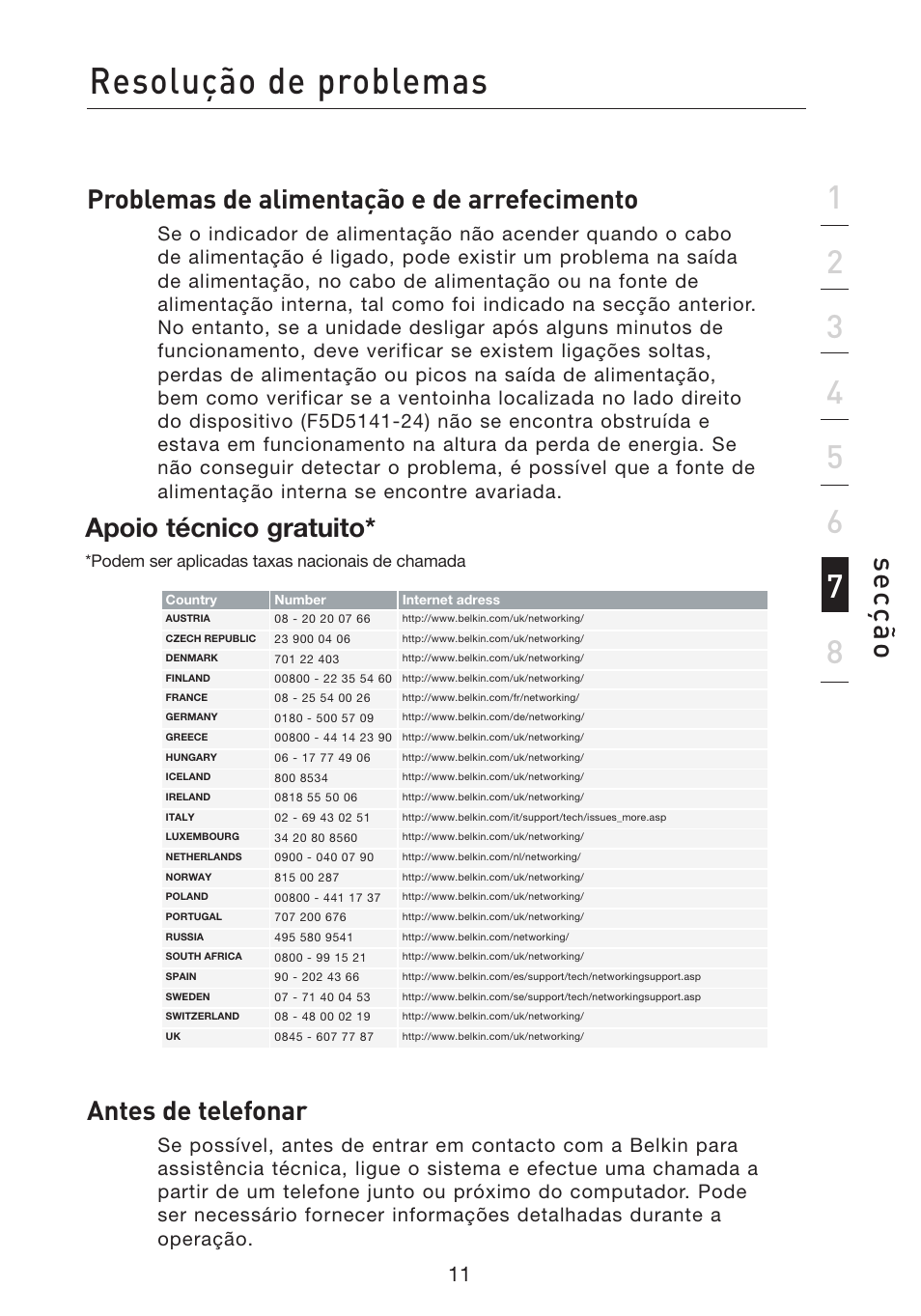 Resolução de problemas, Se cз г o, Problemas de alimentação e de arrefecimento | Antes de telefonar, Apoio técnico gratuito | Belkin Gibagbit Switch F5D5141uk16 User Manual | Page 127 / 266