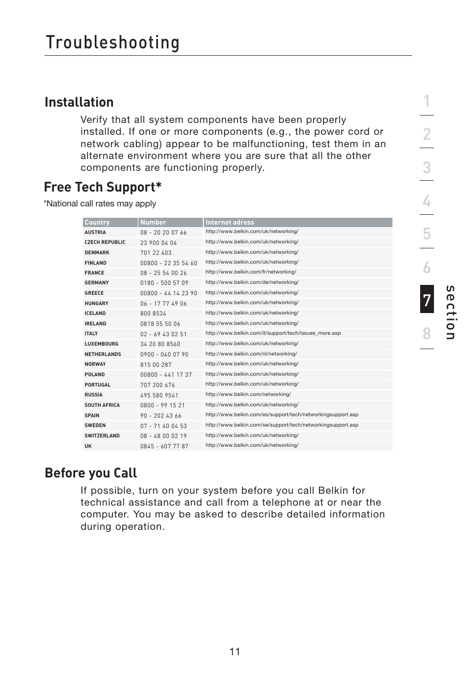 Troubleshooting, Se ct io n, Installation | Before you call, Free tech support | Belkin Gibagbit Switch F5D5141uk16 User Manual | Page 13 / 266