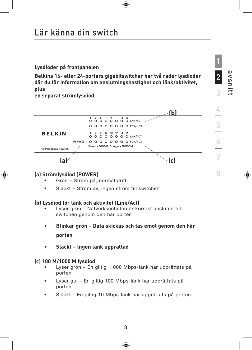 Inledning, Lär känna din switch, Avs n itt | Belkin Gibagbit Switch F5D5141uk16 User Manual | Page 138 / 266