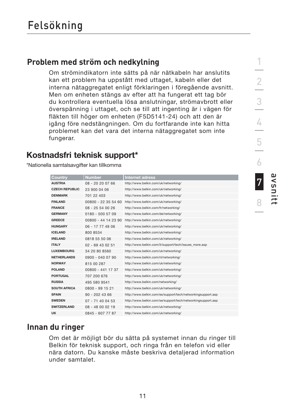 Felsökning, Avs n itt, Problem med ström och nedkylning | Innan du ringer, Kostnadsfri teknisk support | Belkin Gibagbit Switch F5D5141uk16 User Manual | Page 146 / 266