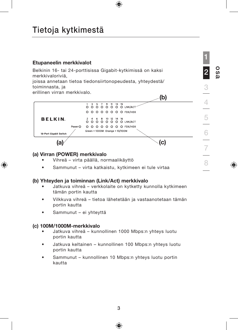Johdanto, Tietoja kytkimestä, Os a | Belkin Gibagbit Switch F5D5141uk16 User Manual | Page 157 / 266