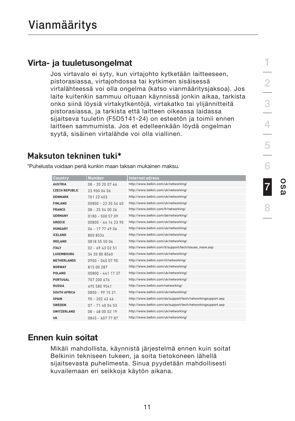 Vianmääritys, Os a, Virta- ja tuuletusongelmat | Ennen kuin soitat, Maksuton tekninen tuki | Belkin Gibagbit Switch F5D5141uk16 User Manual | Page 165 / 266