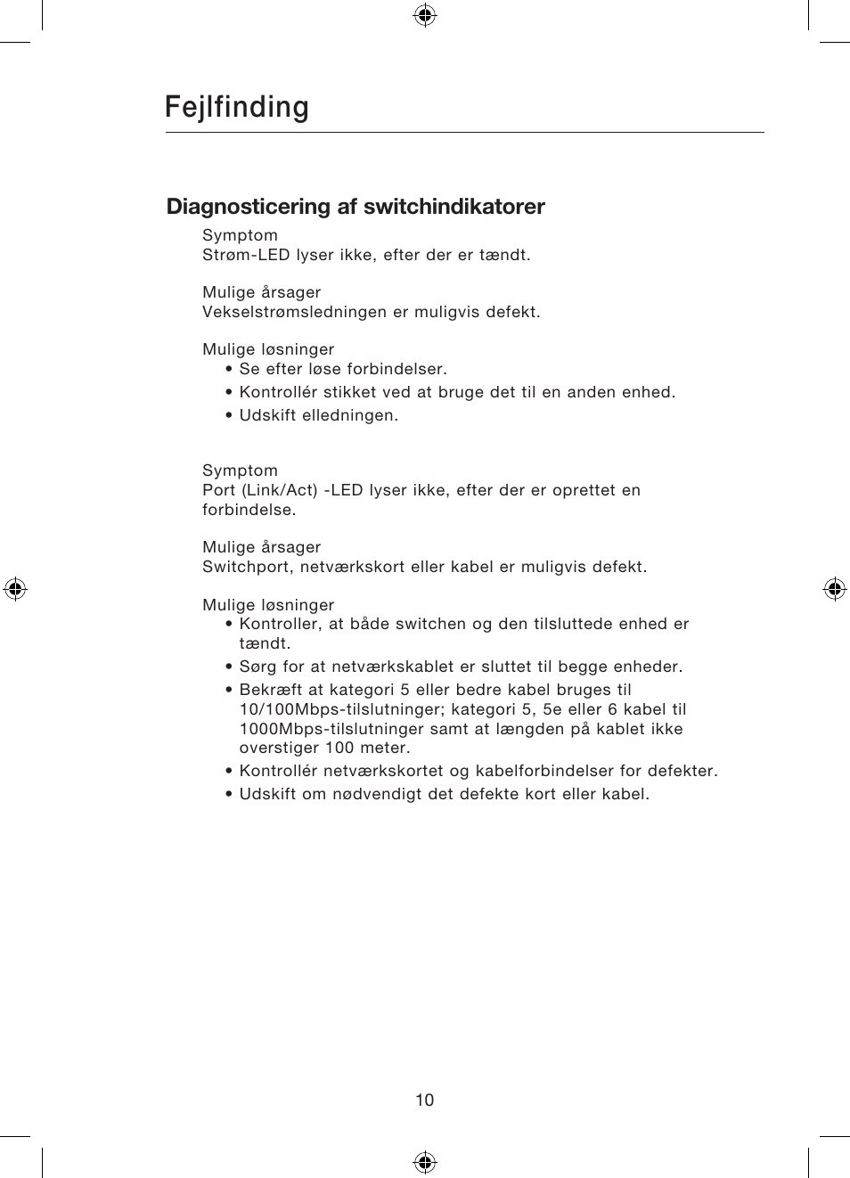 Fejlfinding, Diagnosticering af switchindikatorer | Belkin Gibagbit Switch F5D5141uk16 User Manual | Page 183 / 266