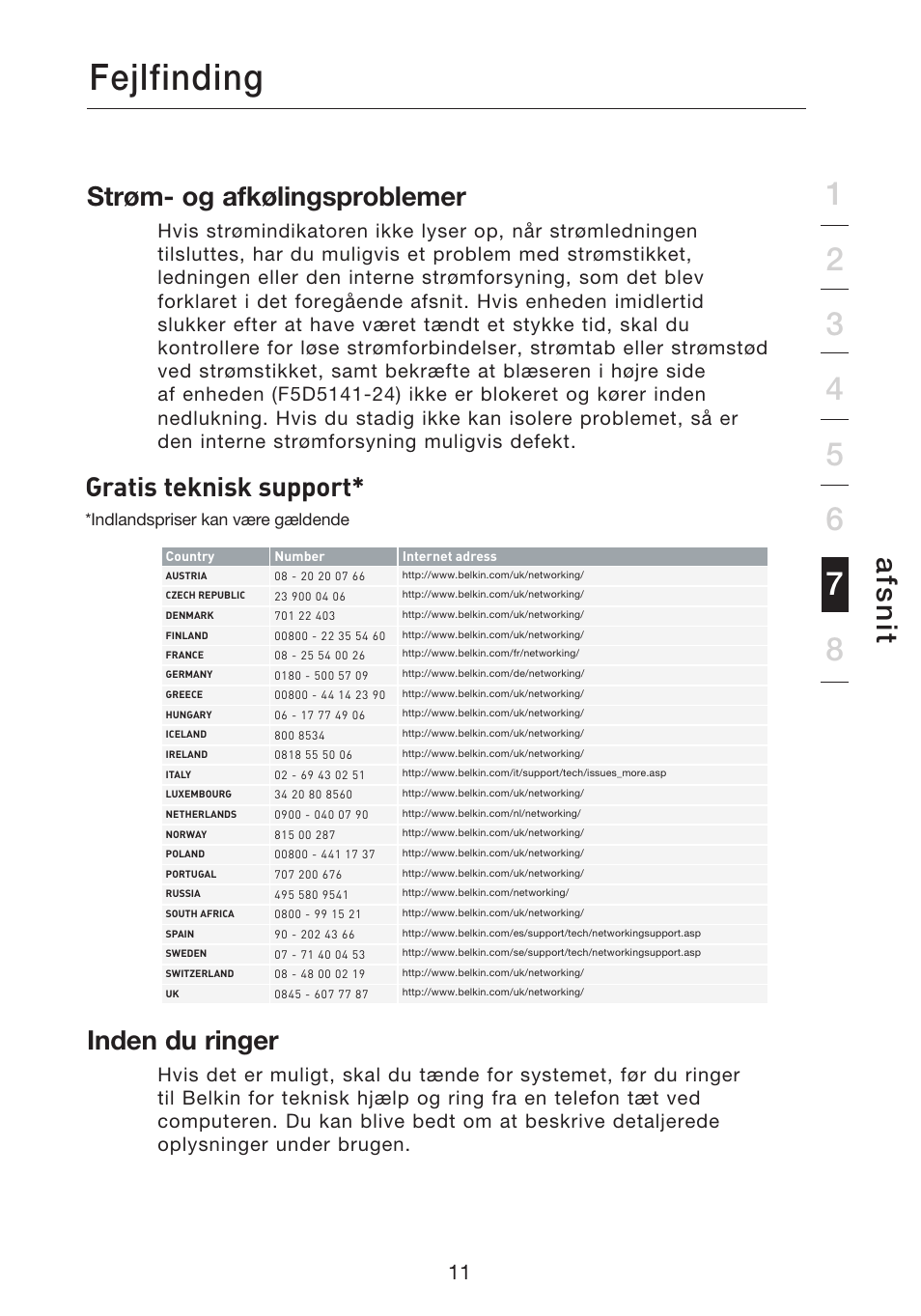 Fejlfinding, Afs n it, Strøm- og afkølingsproblemer | Inden du ringer, Gratis teknisk support | Belkin Gibagbit Switch F5D5141uk16 User Manual | Page 184 / 266
