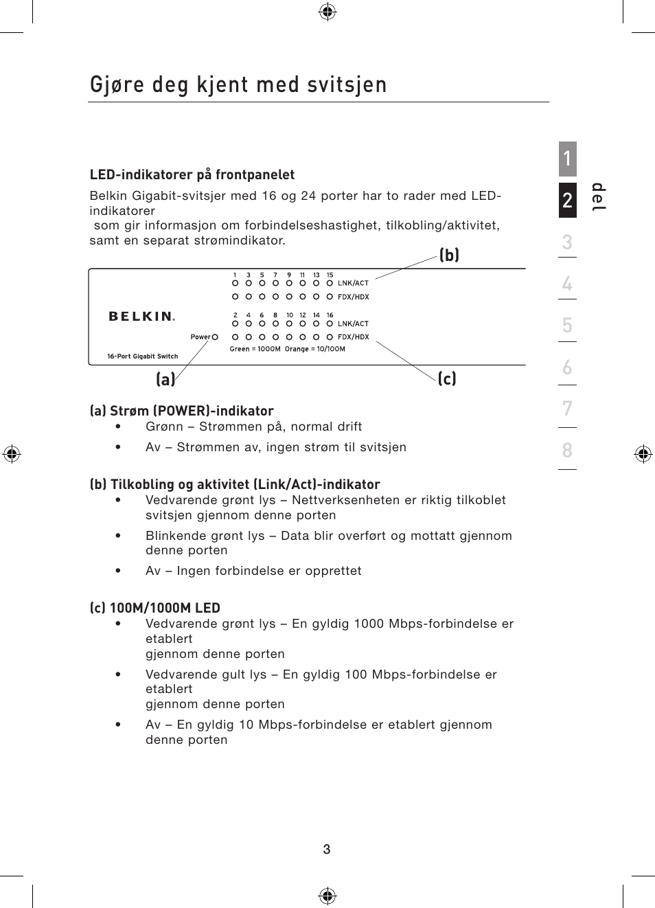 Innledning, Gjøre deg kjent med svitsjen, De l | Belkin Gibagbit Switch F5D5141uk16 User Manual | Page 195 / 266