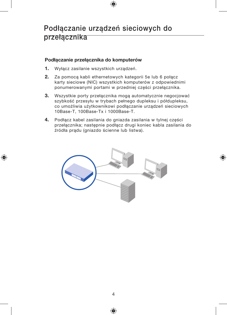 Podłączanie urządzeń sieciowych do przełącznika | Belkin Gibagbit Switch F5D5141uk16 User Manual | Page 215 / 266