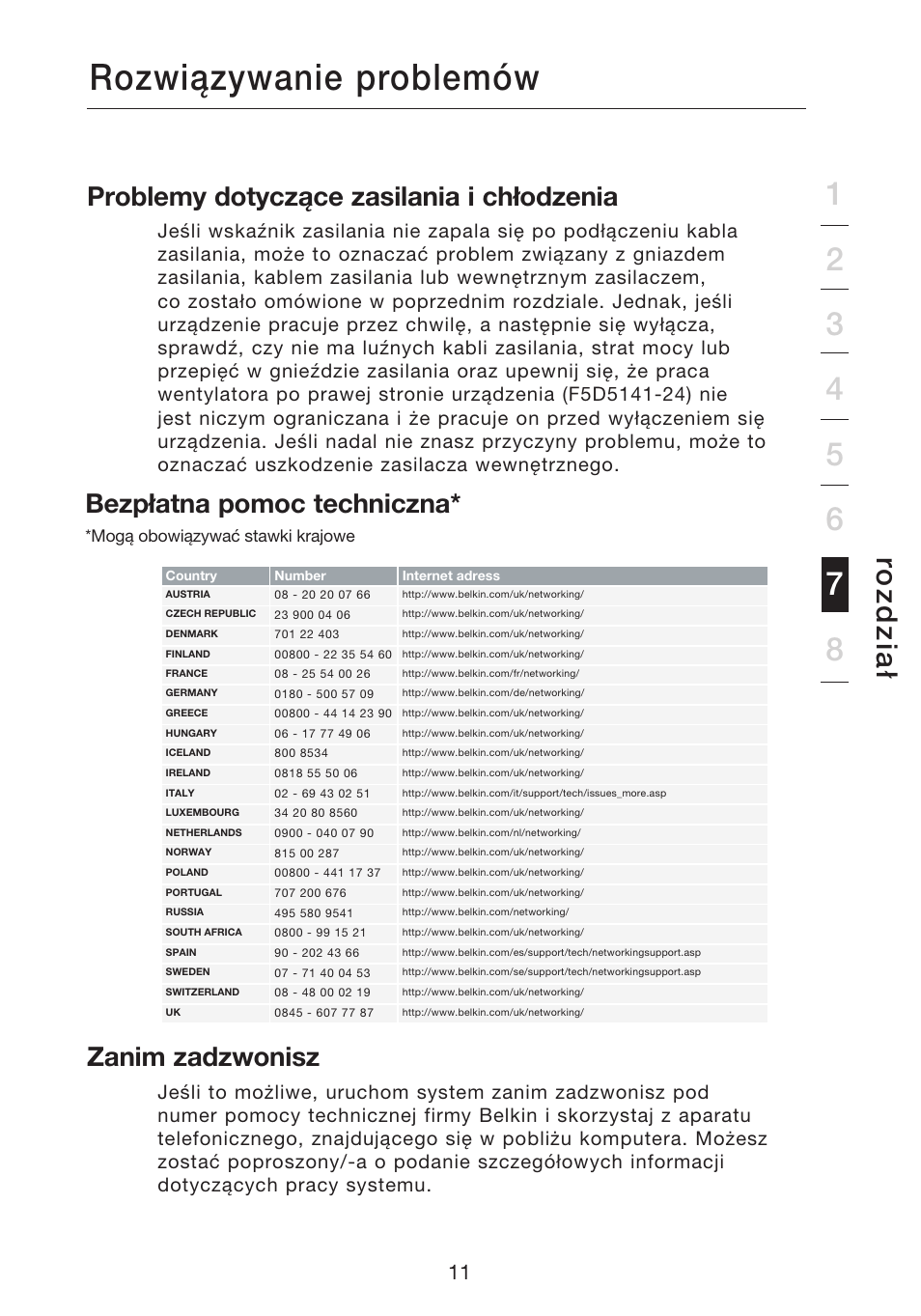 Rozwiązywanie problemów, Ro zd zi a ł, Problemy dotyczące zasilania i chłodzenia | Zanim zadzwonisz, Bezpłatna pomoc techniczna | Belkin Gibagbit Switch F5D5141uk16 User Manual | Page 222 / 266