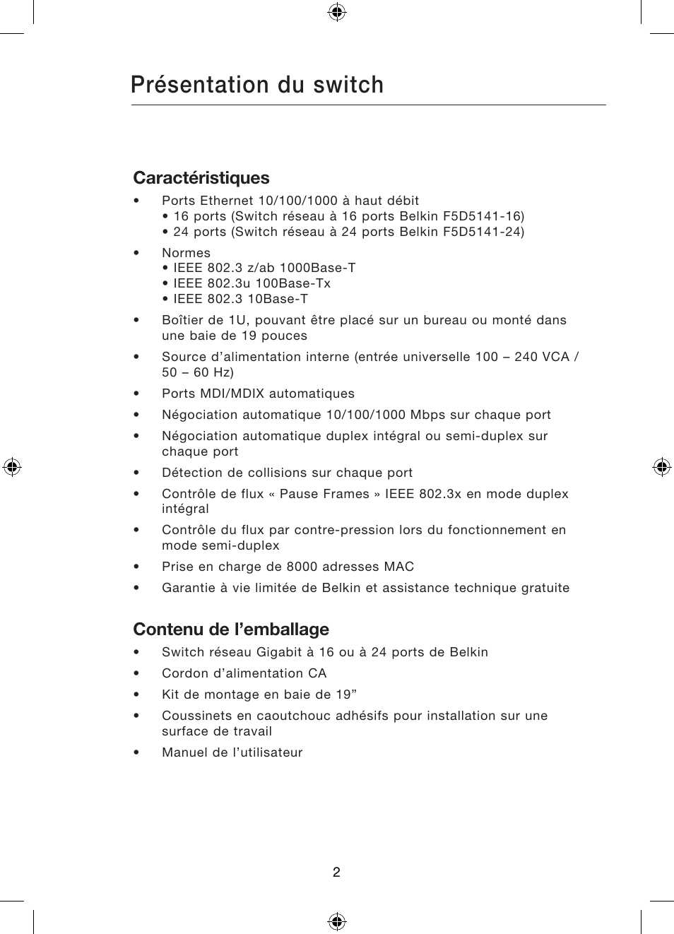 Présentation du switch, Caractéristiques, Contenu de l’emballage | Belkin Gibagbit Switch F5D5141uk16 User Manual | Page 23 / 266