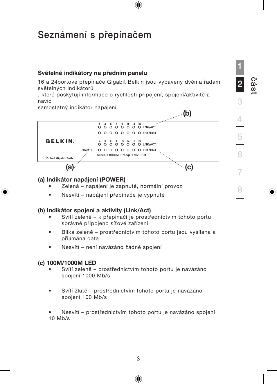 Úvod, Seznámení s přepínačem, Čá s t | Belkin Gibagbit Switch F5D5141uk16 User Manual | Page 233 / 266