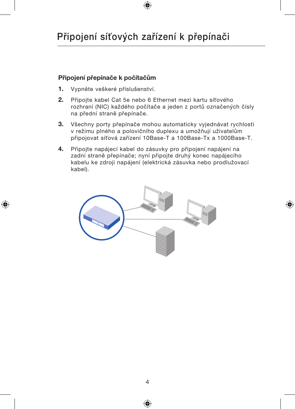 Připojení síťových zařízení k přepínači | Belkin Gibagbit Switch F5D5141uk16 User Manual | Page 234 / 266