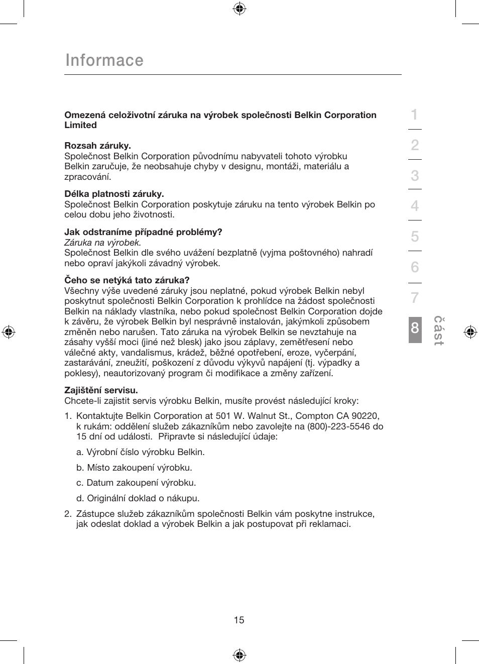 Informace, Čá s t | Belkin Gibagbit Switch F5D5141uk16 User Manual | Page 245 / 266