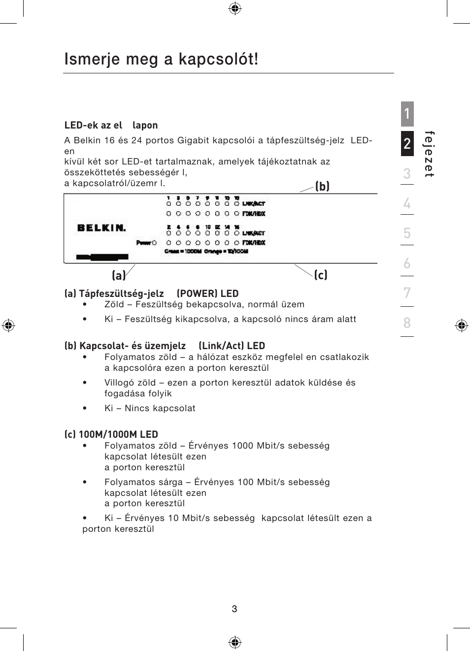 Bevezető, Ismerje meg a kapcsolót, Fe je ze t | Belkin Gibagbit Switch F5D5141uk16 User Manual | Page 252 / 266