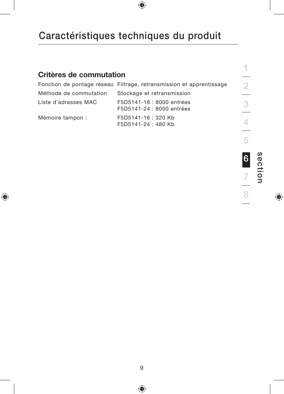 Caractéristiques techniques du produit | Belkin Gibagbit Switch F5D5141uk16 User Manual | Page 30 / 266