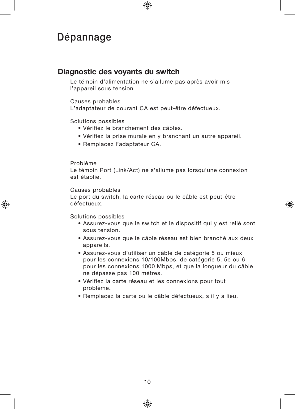 Dépannage, Diagnostic des voyants du switch | Belkin Gibagbit Switch F5D5141uk16 User Manual | Page 31 / 266