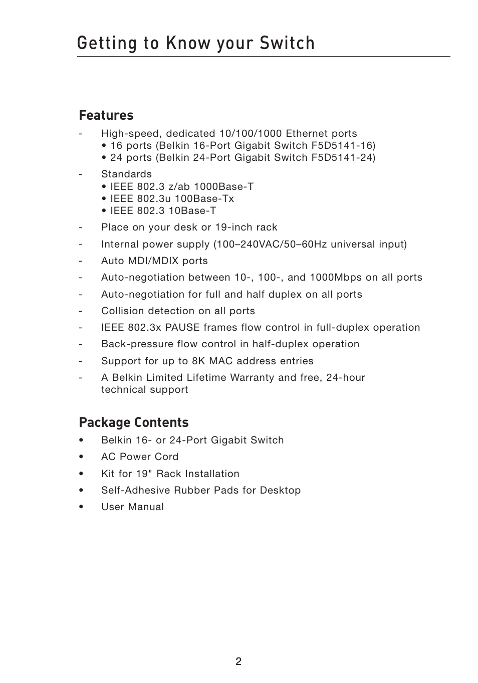 Getting to know your switch, Features, Package contents | Belkin Gibagbit Switch F5D5141uk16 User Manual | Page 4 / 266