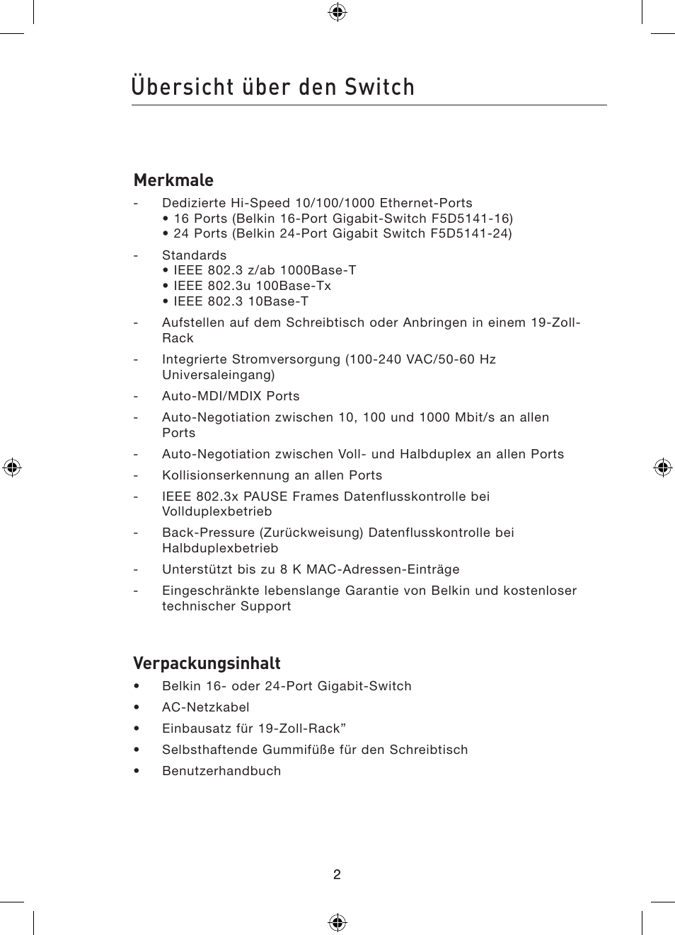 Übersicht über den switch, Merkmale, Verpackungsinhalt | Belkin Gibagbit Switch F5D5141uk16 User Manual | Page 42 / 266