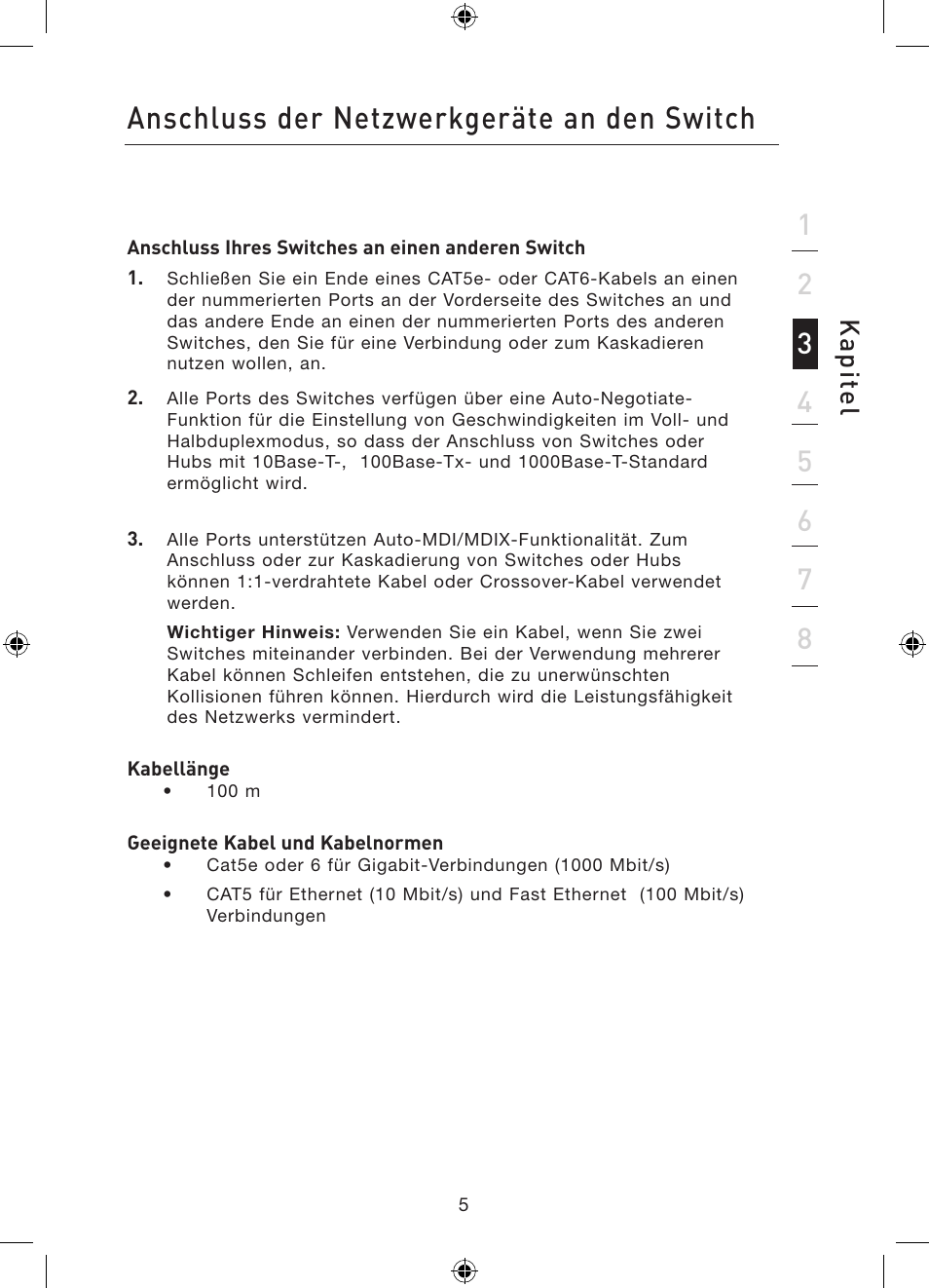 Anschluss der netzwerkgeräte an den switch, Ka p ite l | Belkin Gibagbit Switch F5D5141uk16 User Manual | Page 45 / 266