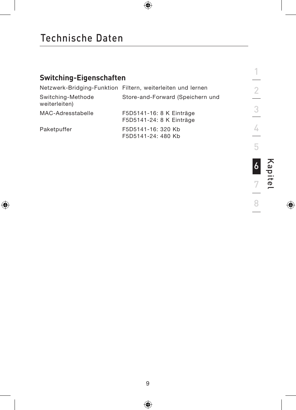 Technische daten | Belkin Gibagbit Switch F5D5141uk16 User Manual | Page 49 / 266