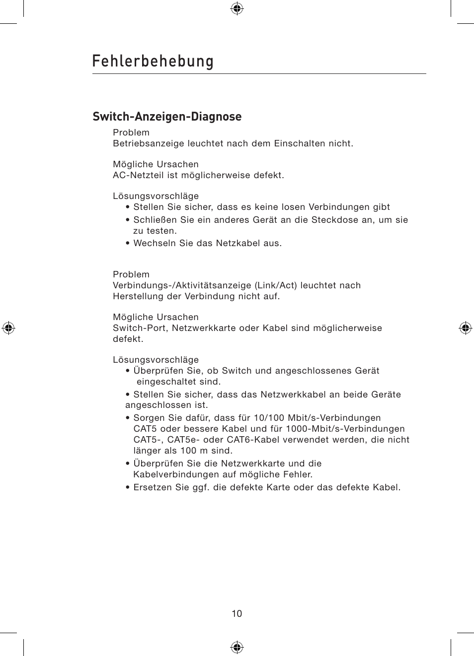 Fehlerbehebung, Switch-anzeigen-diagnose | Belkin Gibagbit Switch F5D5141uk16 User Manual | Page 50 / 266