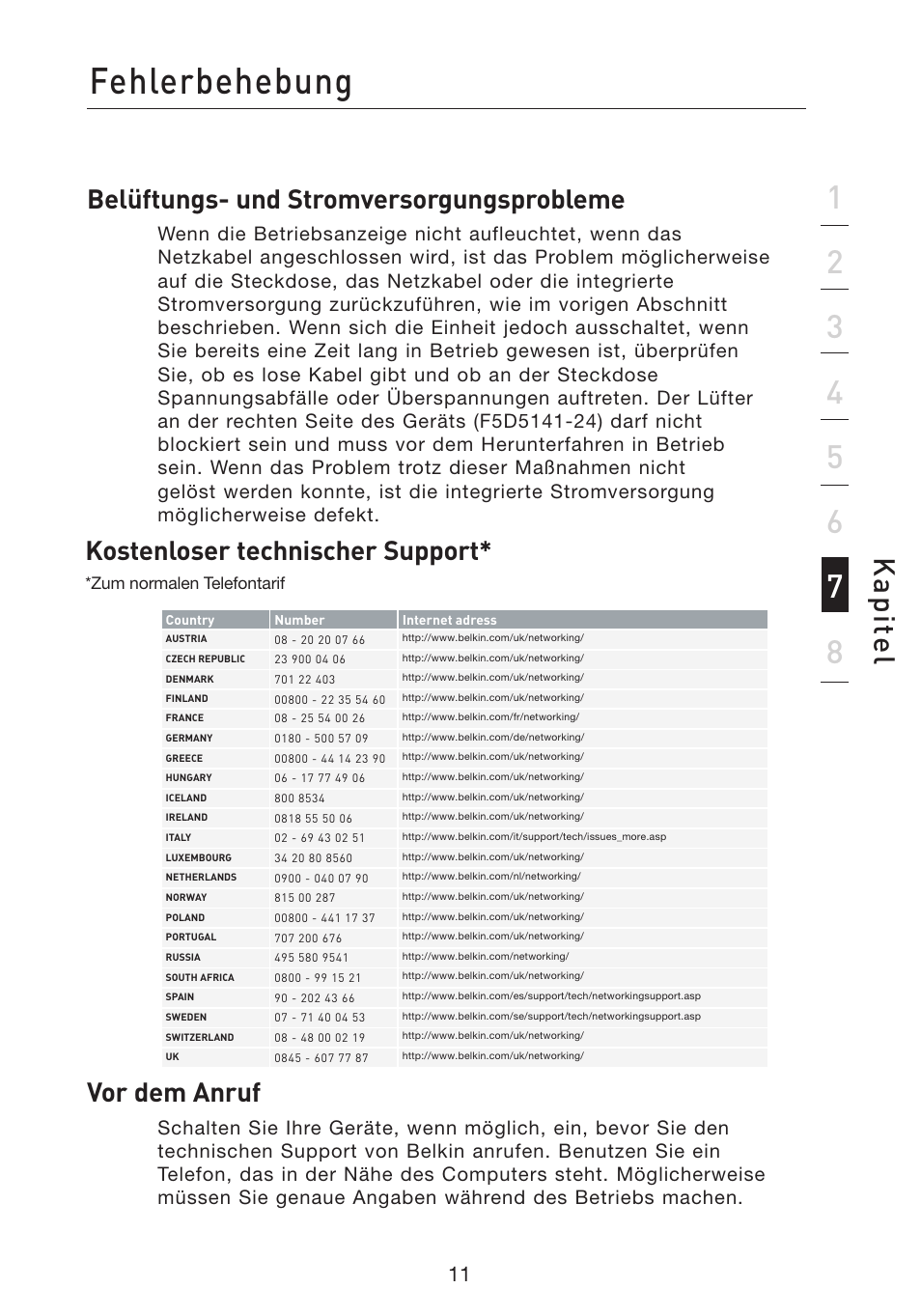 Fehlerbehebung, Ka p ite l, Belüftungs- und stromversorgungsprobleme | Vor dem anruf, Kostenloser technischer support | Belkin Gibagbit Switch F5D5141uk16 User Manual | Page 51 / 266