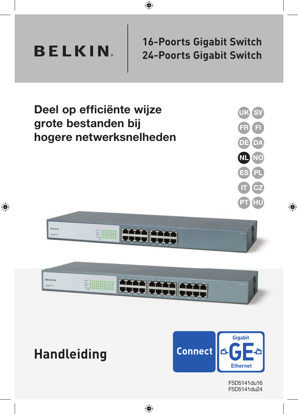 Handleiding, Poorts gigabit switch 24-poorts gigabit switch | Belkin Gibagbit Switch F5D5141uk16 User Manual | Page 58 / 266