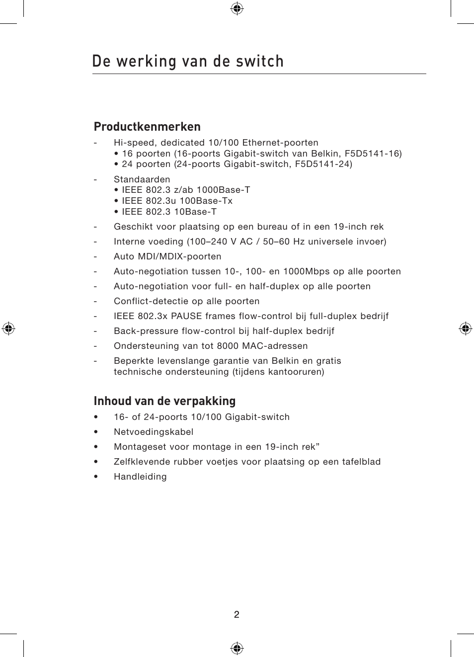 De werking van de switch, Productkenmerken, Inhoud van de verpakking | Belkin Gibagbit Switch F5D5141uk16 User Manual | Page 61 / 266