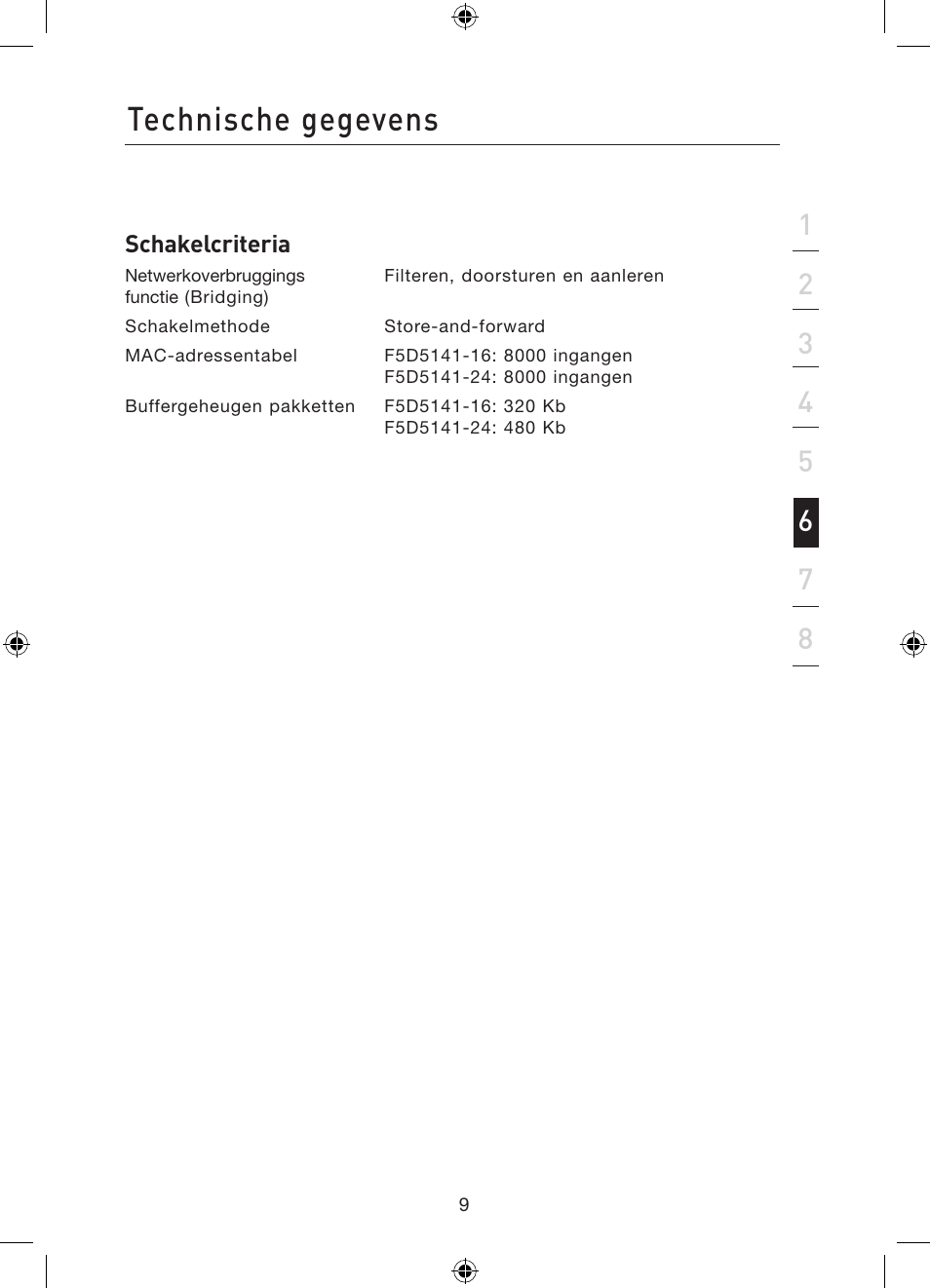 Technische gegevens | Belkin Gibagbit Switch F5D5141uk16 User Manual | Page 68 / 266