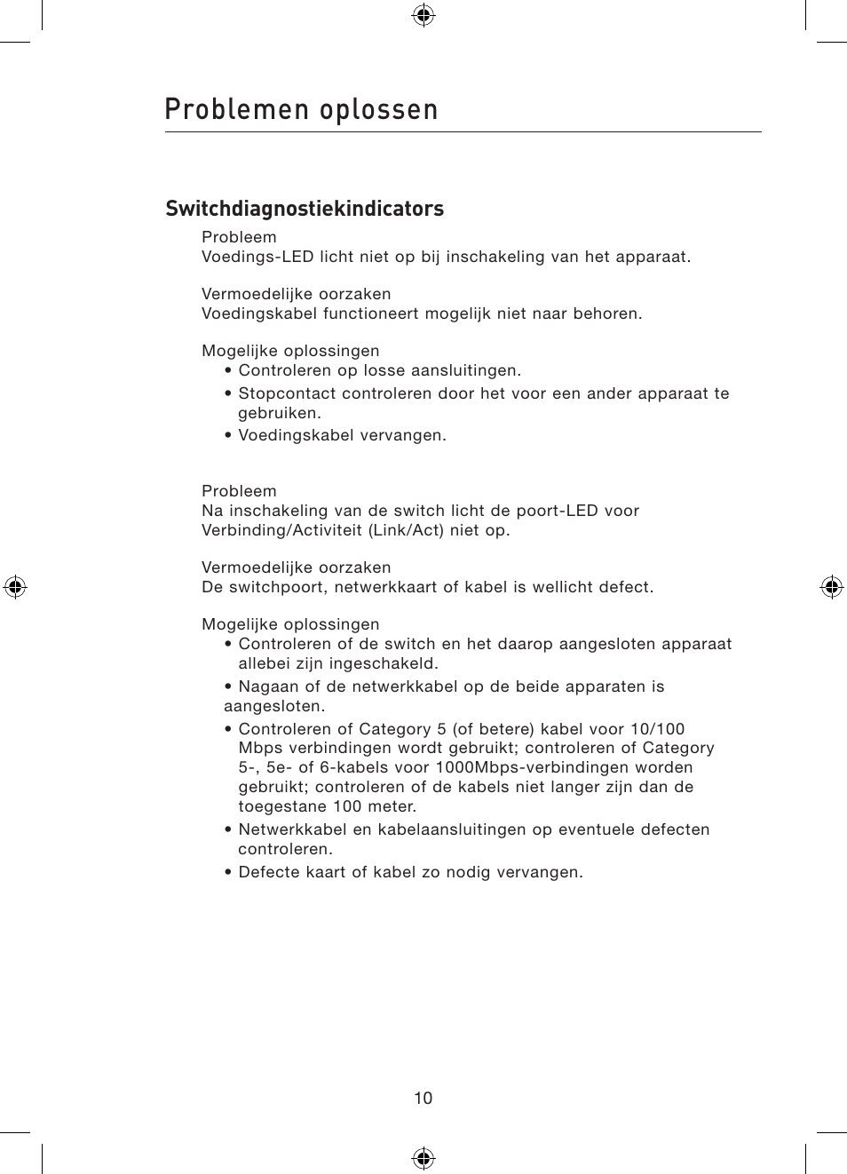 Problemen oplossen, Switchdiagnostiekindicators | Belkin Gibagbit Switch F5D5141uk16 User Manual | Page 69 / 266