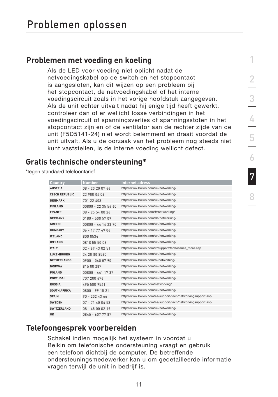 Problemen oplossen, Problemen met voeding en koeling, Telefoongesprek voorbereiden | Gratis technische ondersteuning | Belkin Gibagbit Switch F5D5141uk16 User Manual | Page 70 / 266