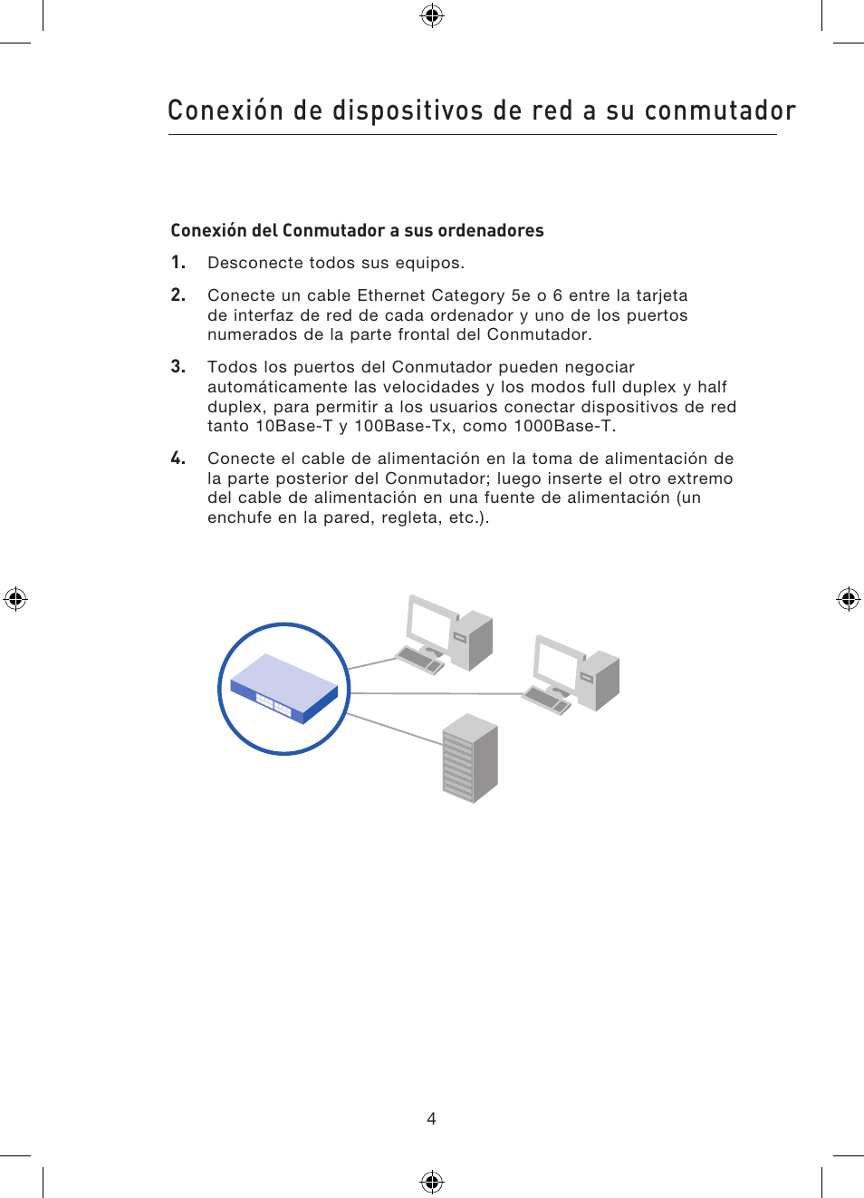 Conexión de dispositivos de red a su conmutador | Belkin Gibagbit Switch F5D5141uk16 User Manual | Page 82 / 266