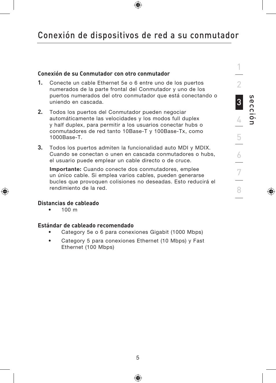 Conexión de dispositivos de red a su conmutador, Se cc ió n | Belkin Gibagbit Switch F5D5141uk16 User Manual | Page 83 / 266